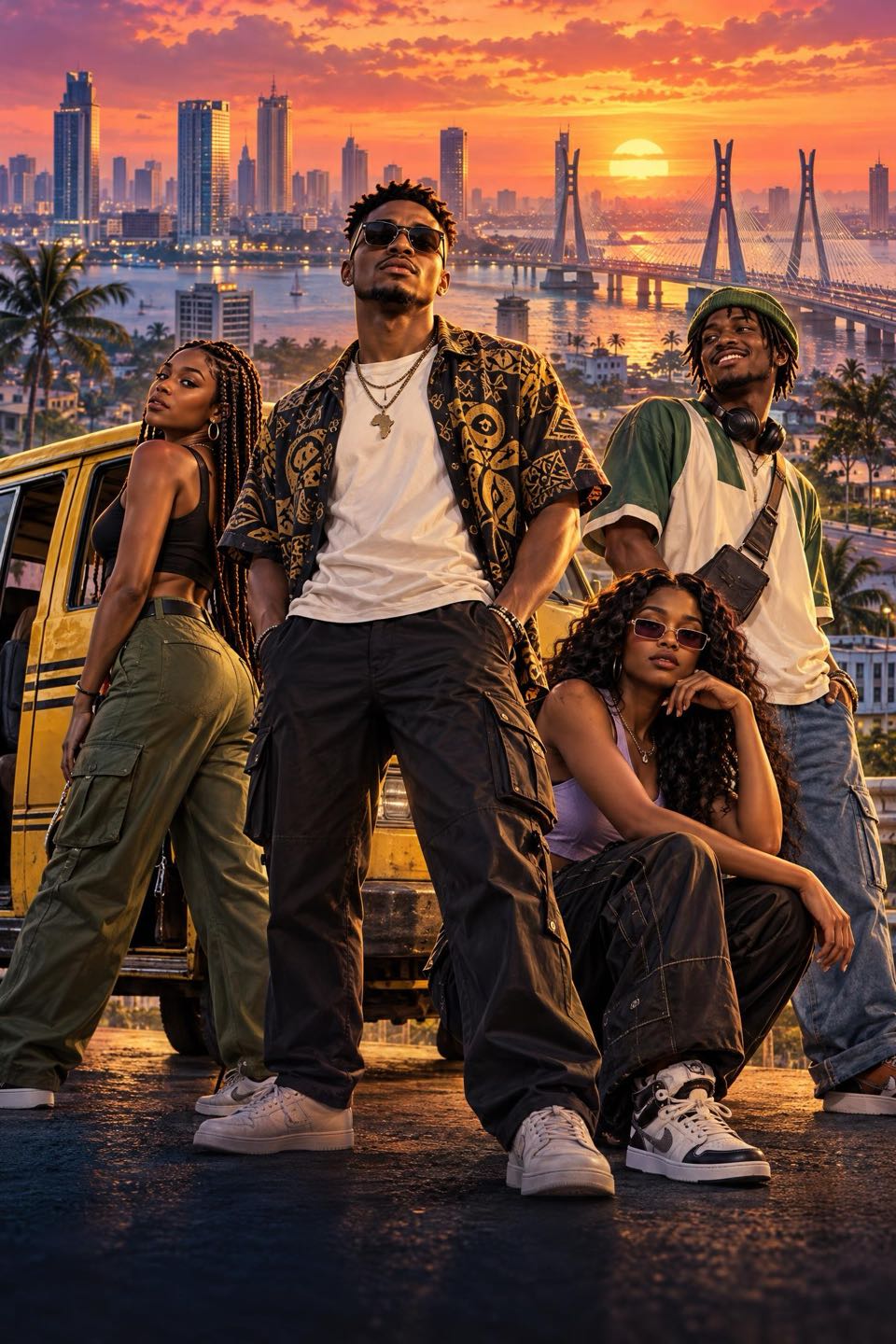 The Lagos Life crew by a danfo at sunset