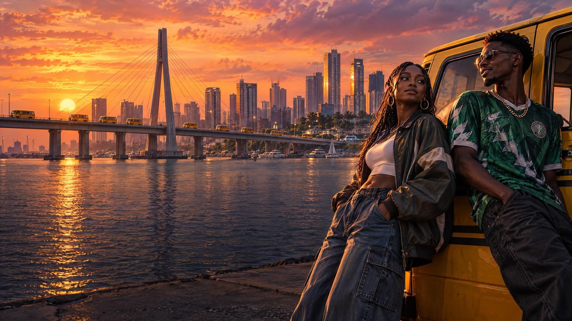 Two friends lean on a yellow danfo at sunset by the Lekki–Ikoyi Link Bridge in Lagos